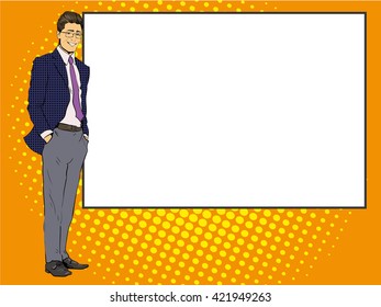 Businessman stays next to blank white board. Pop art comics retro style vector illustration. Put your own text.