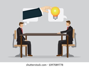 Businessman steal idea from his colleague in business meeting. Vector illustration isolated on plain grey background.