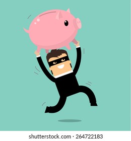 Businessman steal piggy bank. Risk of finance and business. Flat design