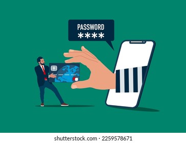 Businessman stealing credit card information through the phone. Modern vector illustration in flat style.