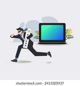 Empresario robando datos hackeando contraseñas . Ilustración vectorial del concepto de delito cibernético
