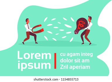 Businessman stealing light bulb idea from man holding magnet concept flat horizontal copy space vector illustration