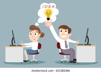 Businessman stealing light bulb idea his female colleague, vector illustration cartoon