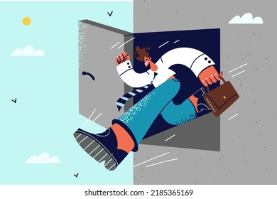 Businessman step from building in unknown. Male employee walk in dead end. Challenge and risky affair. Vector illustration.  svg