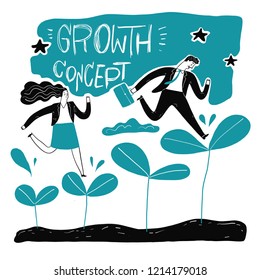 Businessman step up the leaf, metaphor or symbol of growth overcoming adversity in strategy and finding leadership solutions corporate of success. Vector Illustration doodle style