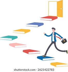 Empresário passo em livros escada seta para cima, ilustração vetor cartoon

