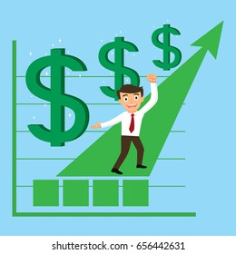 Businessman step on up chart, vector illustration cartoon