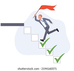 Businessman step on checklist to progress.  challenge to progress concept. to do list. vector illustration. 