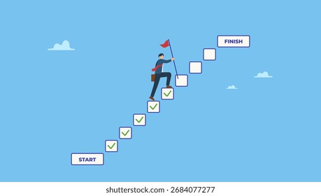 Empresário pisar na lista de verificação para progredir para o destino. Progressão do início ao sucesso, desenvolvimento ou melhoria, desafio ao progresso e ganhar a competição, conclusão de tarefas para terminar o projeto.
