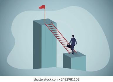 Businessman step on ladder to reach the top of the goal. Business concept, Achievement, Improvement, Vector illustration