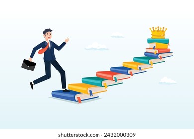 El hombre de negocios se sube a la pila de libros como escalera para lograr la corona en la parte superior, la educación o el conocimiento pasos para el éxito, el aprendizaje o el estudio para el desarrollo de habilidades para lograr el éxito empresarial (Vector)