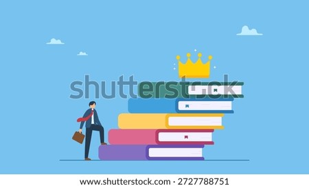 Businessman step up on stack of books as staircase to achieve crown at the top. Education or knowledge steps to success, learning or study for skill development to achieve business success.