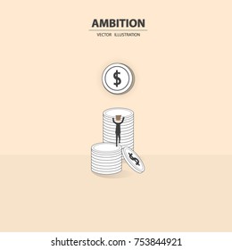 Businessman step on stack of coin in investment progress concept with fully ambition. Business concept of success, investment and development. Vector illustration.