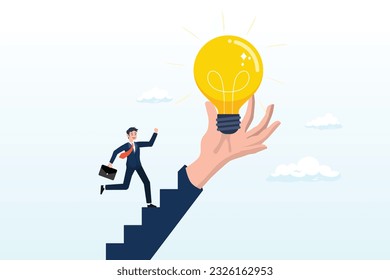 Businessman step on stair of big hand holding inspiring bright light bulb, inspiration idea to inspire or motivate people to success, business innovation or creativity, solution or invention (Vector)