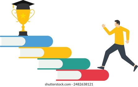 the businessman stepped on the stack of books as a ladder to reach the graduation cap on top. A measure of education or success, studies for skills development to achieve business success.