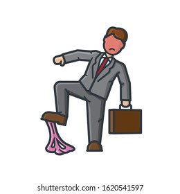 Businessman stepping in bubblegum vector illustration for Bubble Gum Day on February 7. Mishap, bad luck, annoyance isolated concept.