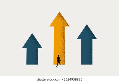 Businessman stepping into the largest of three up arrows, business decision, career opportunity concept, minimal business design.