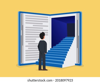 Businessman stepping into open book. Creative mind and erudition for career development and professional growth