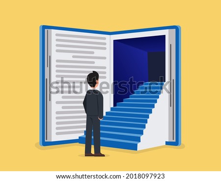 Businessman stepping into open book. Creative mind and erudition for career development and professional growth