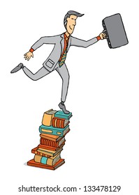 Businessman stepping on a pile of books