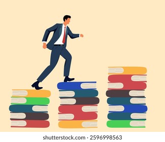 Businessman stepping on stacked books as a metaphor for career growth and success through knowledge. Concept of education, achievement, and professional development.