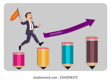 Businessman stepping up the stairs of pencils. Business growth step infographics option. Template for presentation and workflow layout. Abstract background.