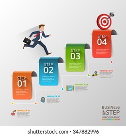 Businessman stepping up the stairs of ribbons, carrying briefcase. Business growth step infographics option. Template for presentation and workflow layout. Abstract background.