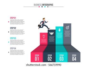 Businessman stepping up the stairs of ribbons, carrying briefcase. Business growth step infographics option. Template for presentation and workflow layout. Abstract background.