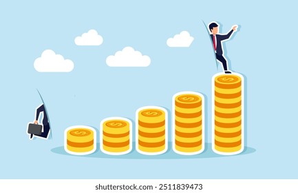 Um homem de negócios passando por um corredor mágico para alcançar a moeda mais alta, Ilustração conceito de Alcançar as metas de lucro da empresa rapidamente ou sucesso de riqueza instantâneo