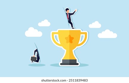 A businessman stepping through a magic corridor to reach the top of trophy, Illustration concept of Reaching top awards or becoming a top performer quickly or through shortcuts