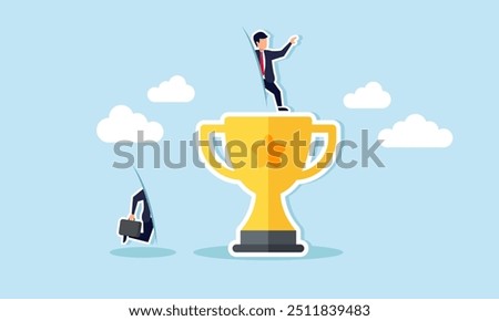 A businessman stepping through a magic corridor to reach the top of trophy, Illustration concept of Reaching top awards or becoming a top performer quickly or through shortcuts