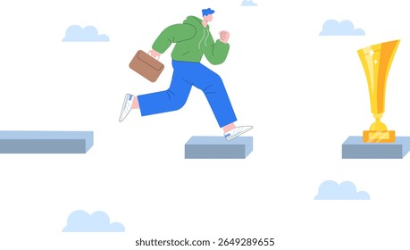 A businessman steps across a risky bridge toward a success trophy, symbolizing ambition, determination, and stepping out of the comfort zone to achieve goals