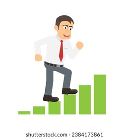 Businessman steps up the steps of the diagram. Investor trader trades for a raise, vector illustration