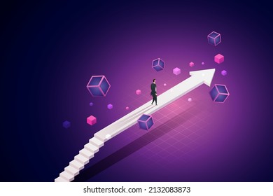 Businessman steps on the arrow bridge that goes forward on the path of Blockchain technology to future. Business Growth, Stocks, Currency and Investments. isometric vector illustration.