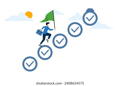 el empresario da pasos en la lista de verificación para avanzar hacia el objetivo. Progreso desde el principio hasta el éxito, desafíos para el progreso y ganar la competencia, tareas para la finalización del proyecto, desarrollo. vector plano.