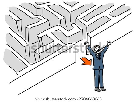 A businessman steps out of a maze with relief and confidence, symbolizing problem-solving, clarity, and a fresh new direction in his career.