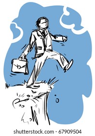 Businessman steps to precipice. Vector sketch illustration.