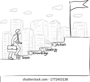 businessman steps up stairs to successful point vector illustration sketch doodle hand drawn with black lines isolated on white background
