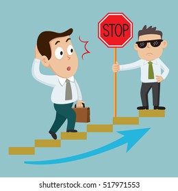Businessman steps up stairs to successful white man showing stop barrier, vector illustration cartoon