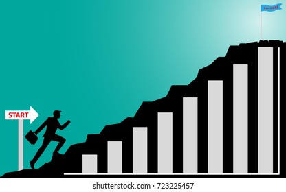 Businessman steps up to successful, Silhouette businessman on mountain, Illustration vector business concept