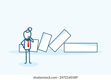 Geschäftsmann-Strichmännchen analysieren abnehmende zusammenbrechende Domino-Balkendiagramm-Effekt. Geschäftsverlust, Investitionsrückgang, negatives Renditekonzept. Handgezeichnete Stil Vektorgrafik Doodle