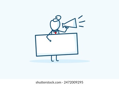 businessman stick figure character with banner speaking through megaphone. salesman manager using loudspeaker to spread news, sales, announcement advertisement. hand drawn style doodle illustration