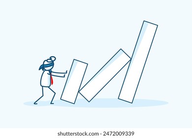 businessman stick figure character blindfold accidentally mistake make bar graph domino fall. business risk management, crisis economic collapse metaphor. hand drawn style vector doodle illustration