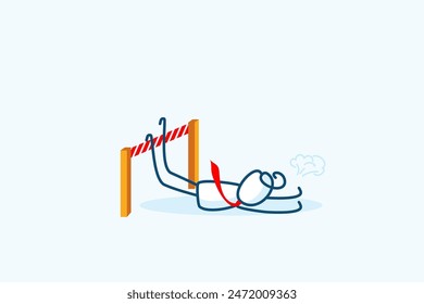 businessman stick figure character fail to jump over hurdle falling to ground. Business failure mistake, cannot overcome difficulty obstacle, underperform employee. hand drawn doodle illustration.