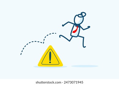 businessman stick figure character jump pass an exclamation attention sign mark. Solving problem, identify risk or avoid critical failure concept. hand drawn style vector doodle illustration