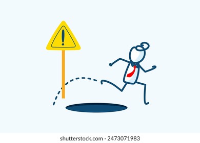 figura de palo de empresario saltar salto pitfall agujero para lograr el éxito del negocio. evite el signo de exclamación fracaso, creatividad habilidad para solucionar el problema. dibujo a mano estilo Vector doodle ilustración