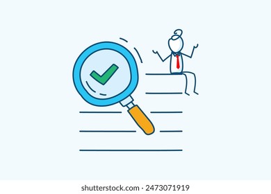 businessman stick figure character with magnifying glass green tick checkmark superimposed. quality control or certified, confirming or approval concept. hand drawn style vector doodle illustration