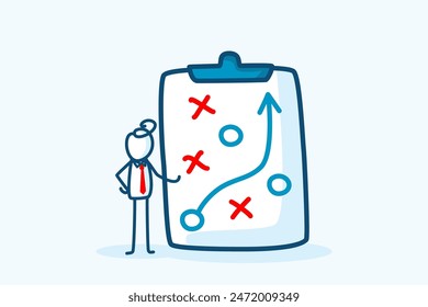 businessman stick figure character presenting business winning strategy board. marketing tactic planning, achieve target, solution to win, success concept. hand drawn style vector doodle illustration