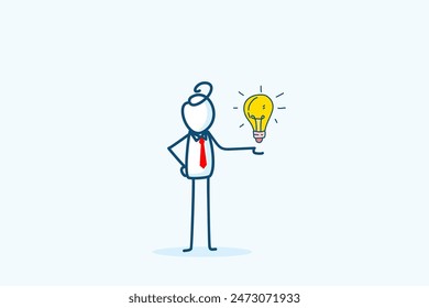 businessman stick figure character with red tie hold tiny small glowing light bulb on hand. creativity, innovation, new ideas in a business context. hand drawn doodle illustration