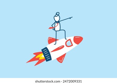 businessman stick figure character riding a rocket flying to the sky. financial growth, startup mission success, entrepreneurship start business concept. hand drawn style vector doodle illustration